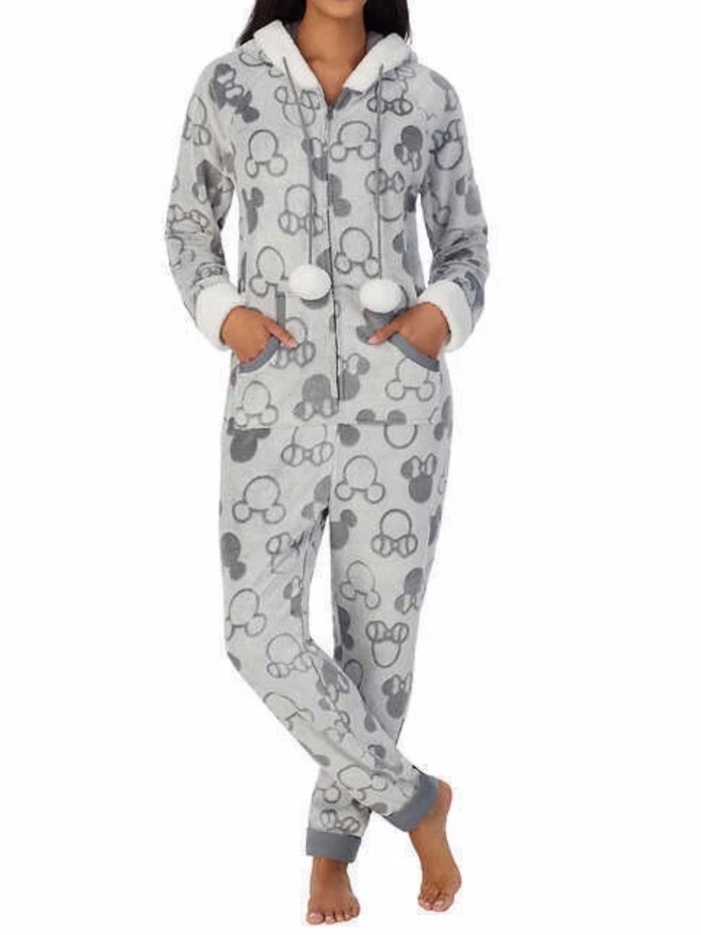 Disney Mickey and Minnie Mouse One Piece Hoodie Pajama Set Women M Gray
